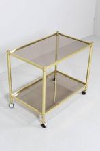 Vintage barcart, serveerwagen - messing, rookglas, jaren 70, Huis en Inrichting, Tafels | Bijzettafels, 45 tot 60 cm, Gebruikt