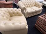 Chesterfield Aanbieding !! Creme Leren 2 zitsbank + Fauteuil, Ophalen, Zo goed als nieuw, Leer, CHESTERFIELD