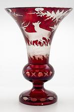 Bohemian Art Nouveau Ruby Red Engraved Crystal Glass Vase, Antiek en Kunst, Antiek | Glas en Kristal