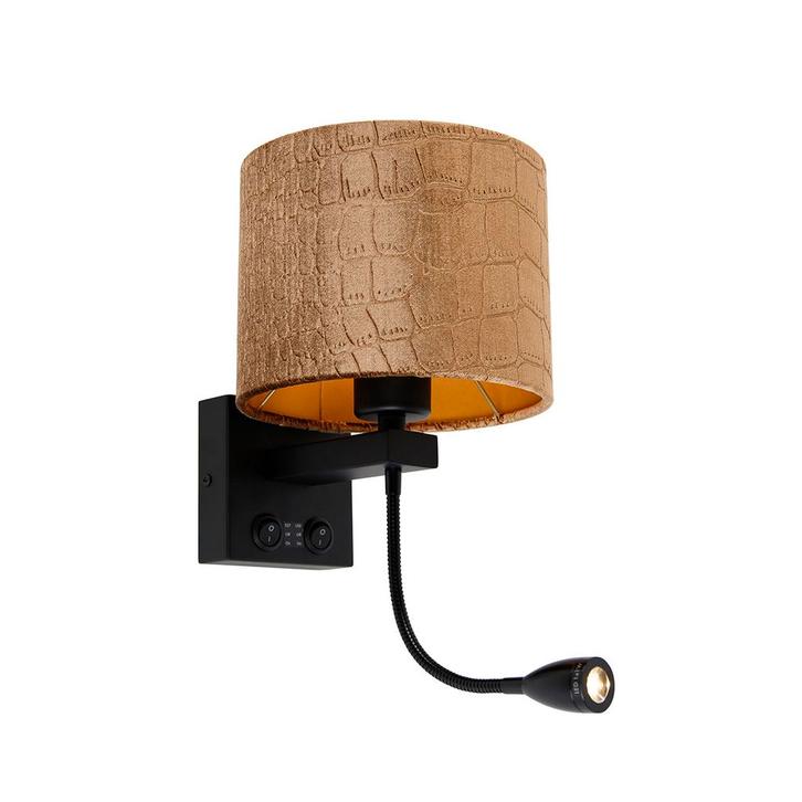 Wandlamp zwart met velours kap krokodil dessin 18cm -, Huis en Inrichting, Lampen | Wandlampen, Nieuw, Overige materialen
