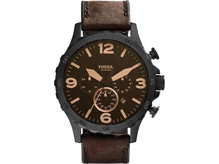 Fossil Nate JR1487 - Herenhorloge 50 mm - Lederen band -, Sieraden, Tassen en Uiterlijk, Horloges | Heren, Zo goed als nieuw, Verzenden