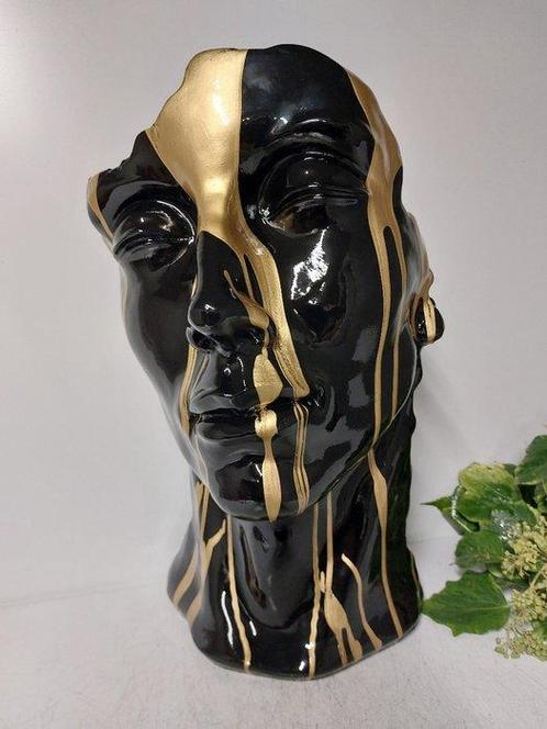 Beeld, head black with gold paint - 50 cm - polyresin, Antiek en Kunst, Kunst | Designobjecten
