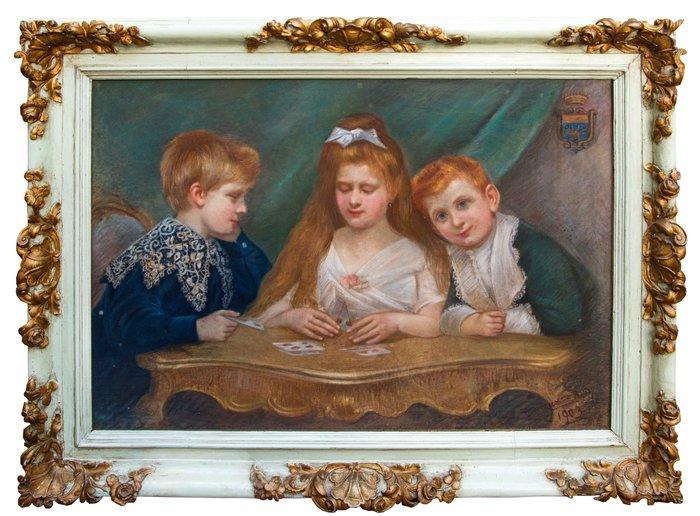 Franse school (XX) - Ritratto dei nobili Ratti - cm 77x108, Antiek en Kunst, Kunst | Schilderijen | Klassiek