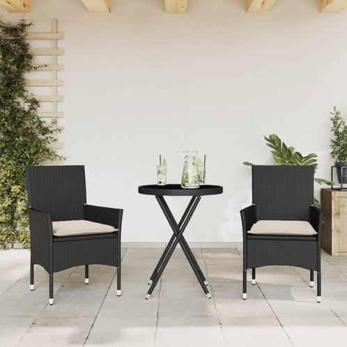 vidaXL 3-delige Bistroset met kussens poly rattan en glas, Tuin en Terras, Tuinsets en Loungesets, Nieuw, Rotan, Verzenden