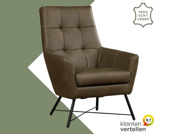 Leren fauteuil Proud - Rancho Green (olijf/groen), Huis en Inrichting, Fauteuils, 75 tot 100 cm, 75 tot 100 cm, Nieuw, Leer, Ophalen of Verzenden