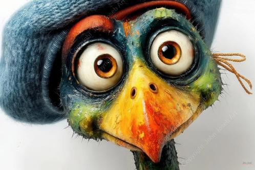 1125-John Joseb Art- Schilderij gekke grappige vogel met pet, Huis en Inrichting, Woonaccessoires | Schilderijen, Tekeningen en Foto's