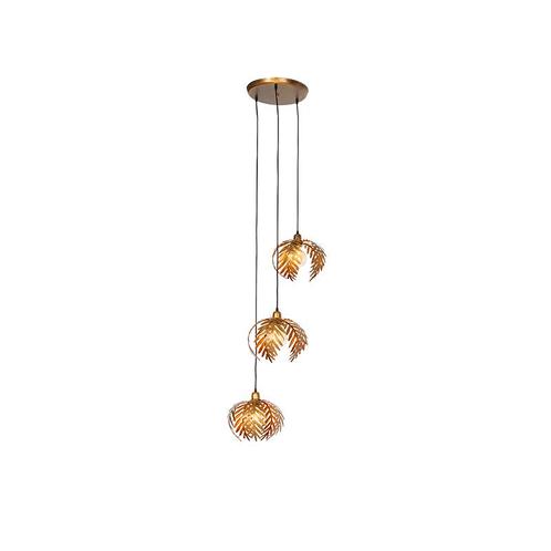 Vintage hanglamp goud rond 3-lichts - Botanica, Huis en Inrichting, Lampen | Hanglampen, Nieuw, Overige materialen, 75 cm of meer
