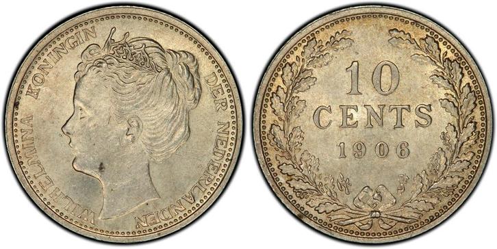 Koningin Wilhelmina 10 cent 1906 NM Collection PCGS MS63, Postzegels en Munten, Munten | Nederland, Losse munt, 10 cent, Koningin Wilhelmina