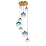 Art Deco Hanglamp messing met blauw glas rond 7-lichts -, Huis en Inrichting, Lampen | Hanglampen, Nieuw, Glas, Art Deco, 75 cm of meer