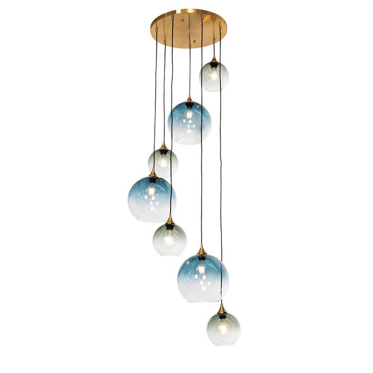 Art Deco Hanglamp messing met blauw glas rond 7-lichts -, Huis en Inrichting, Lampen | Hanglampen, Nieuw, Glas, 75 cm of meer