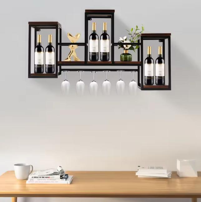 Wand Wijnrek Hout en Metaal– 106 cm Flessenrek met Glashoude, Huis en Inrichting, Woonaccessoires | Wijnrekken, Nieuw, Verzenden