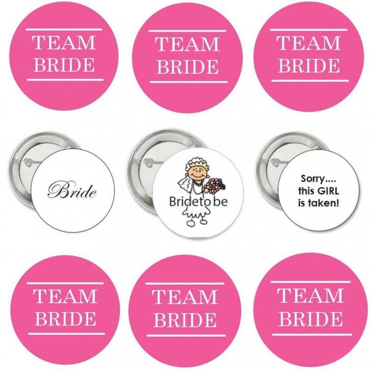 9 Buttons Bride to Be en Team Bride, Hobby en Vrije tijd, Feestartikelen, Geboorte of Huwelijk, Versiering, Nieuw, Verzenden