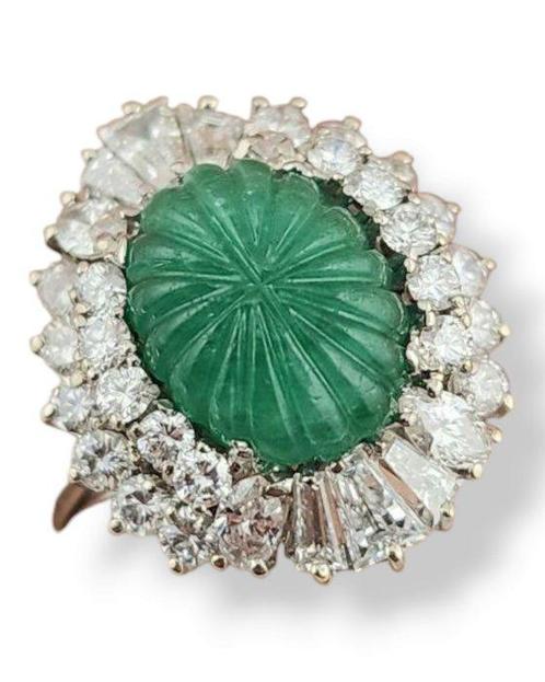 Ring - 18 karaat Witgoud, Art Deco Gegraveerde Smaragd en, Sieraden, Tassen en Uiterlijk, Ringen