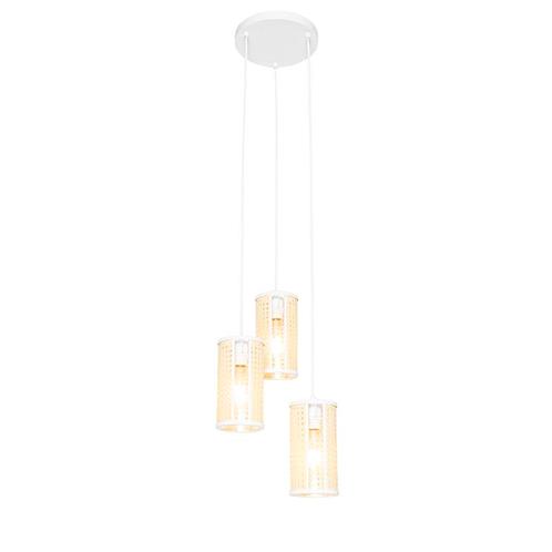 Oosterse hanglamp wit met rotan 3-lichts rond - Akira, Huis en Inrichting, Lampen | Hanglampen, Nieuw, Overige materialen, 75 cm of meer