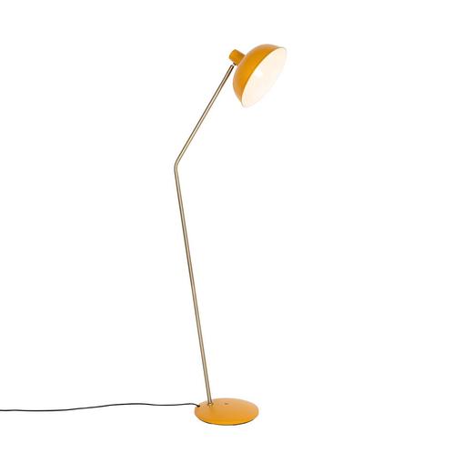 Retro vloerlamp geel met brons - Milou, Huis en Inrichting, Lampen | Vloerlampen, Nieuw, Overige materialen, 100 tot 150 cm