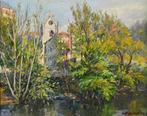 Impressionist School (XX) - The church beyond the river, Antiek en Kunst, Kunst | Schilderijen | Klassiek