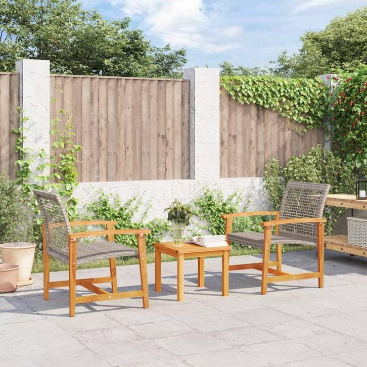 vidaXL 3-delige Bistroset poly rattan en acaciahout grijs, Tuin en Terras, Tuinsets en Loungesets, Nieuw, Rotan, Verzenden
