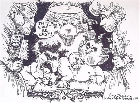 Pentekening Amerika - Bush & Saddam (lijst optie), Antiek en Kunst, Kunst | Tekeningen en Foto's, Verzenden