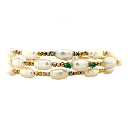 Vintage gouden armband met parel, smaragd en diamant 18 krt, Sieraden, Tassen en Uiterlijk, Armbanden, Nieuw, Ophalen of Verzenden