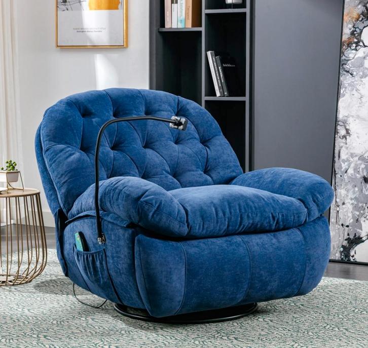 Gewatteerde Fauteuil met Zijvakken – Blauwe Massagefauteuil, Huis en Inrichting, Stoelen, Eén, Blauw, Nieuw, Metaal, Stof, Verzenden