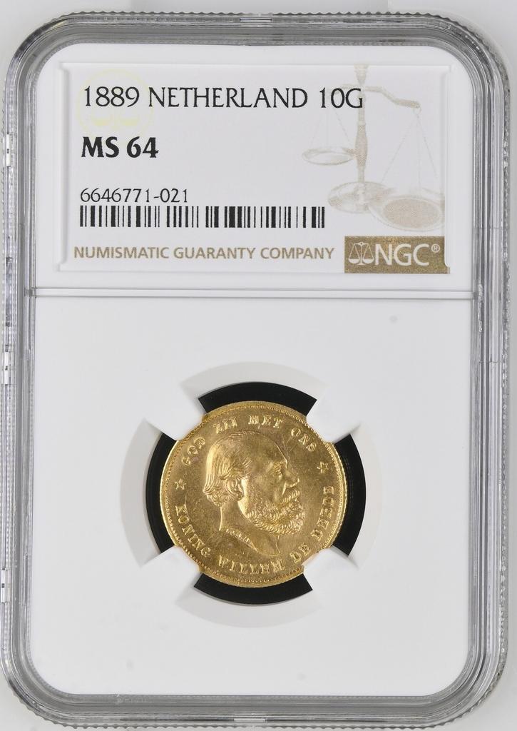 Gouden Willem III 10 gulden 1889 MS64 NGC gecertificeerd, Postzegels en Munten, Munten | Nederland, Losse munt, 10 gulden, Koning Willem III