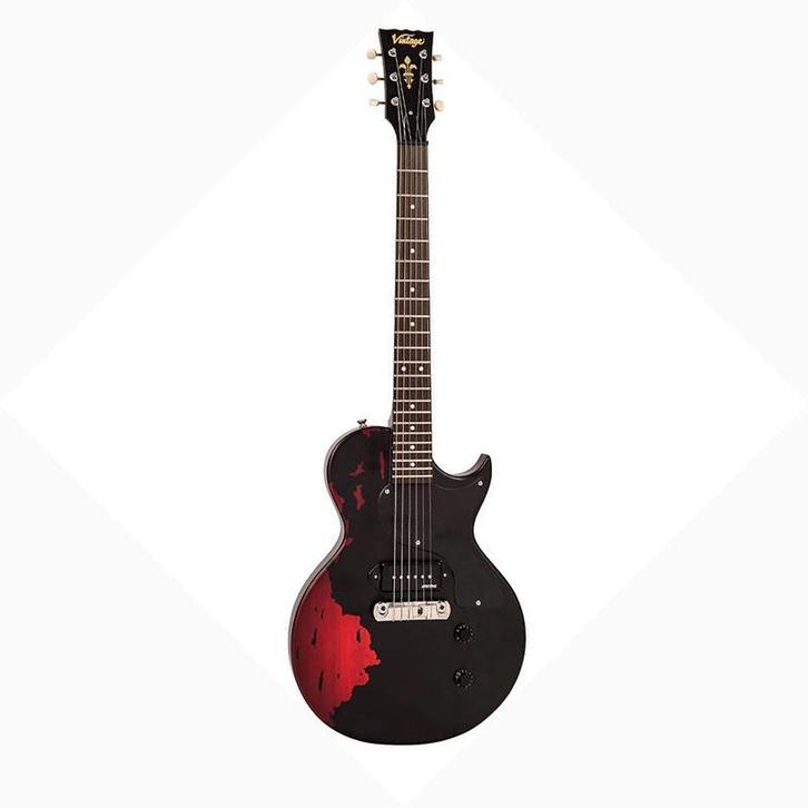 Vintage V120 ICON ~ Distressed Black Over Cherry Red, Muziek en Instrumenten, Snaarinstrumenten | Gitaren | Elektrisch, Solid body