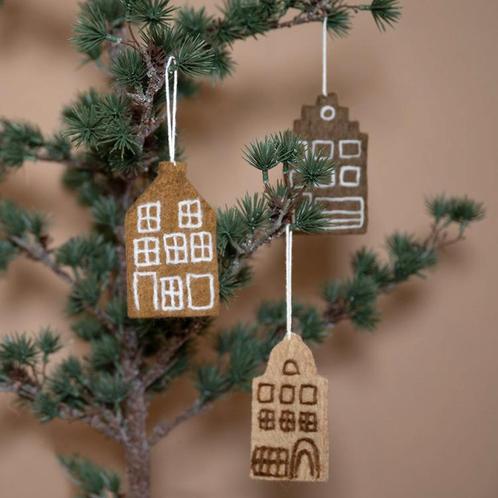 Hangers Vilt - Grachtenhuisje Gingerbread - 11x6cm - Set van, Diversen, Kerst, Nieuw, Ophalen of Verzenden