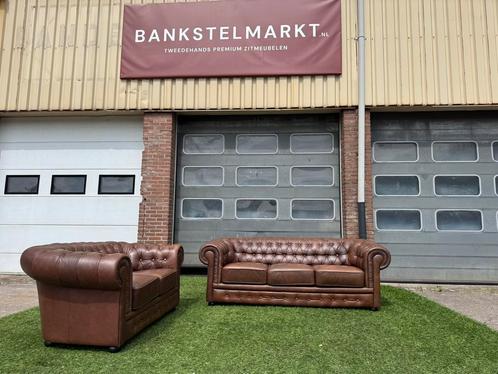 Bankstel CHESTERFIELD 3+2 zit banken licht bruin leer, Huis en Inrichting, Banken | Bankstellen, Rechte bank, Zo goed als nieuw