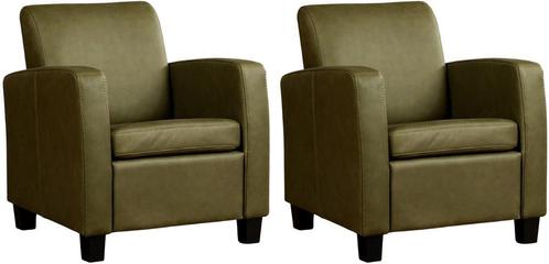 Olijfgroene leren landelijke fauteuils - poot hout zwart -, Huis en Inrichting, Fauteuils, 50 tot 75 cm, 75 tot 100 cm, Nieuw
