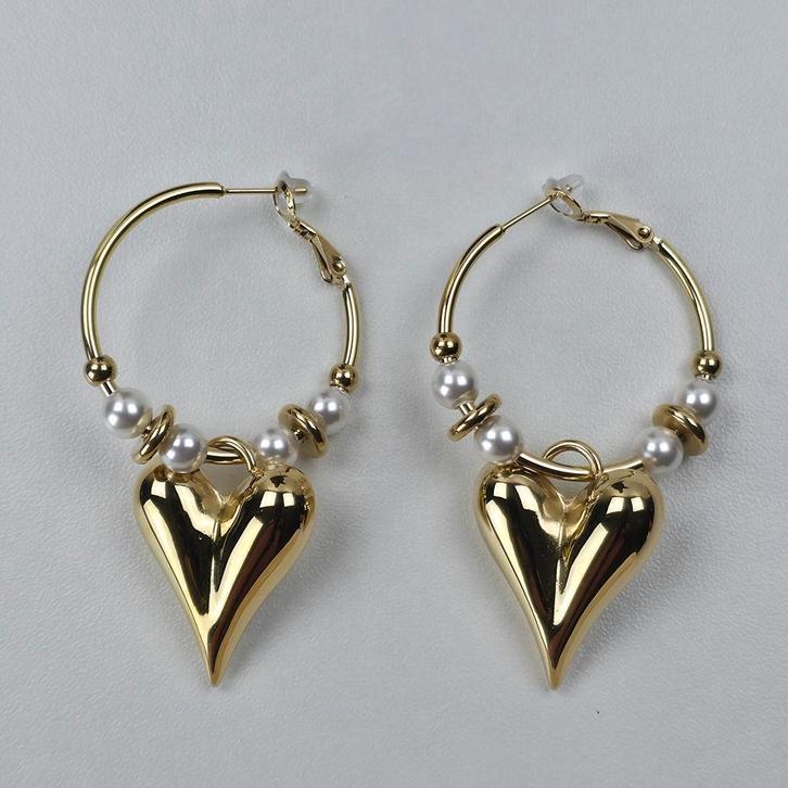 Hart hoepel oorbellen dames met kralen – goudkleurig, Sieraden, Tassen en Uiterlijk, Oorbellen, Hangers, Goud, Nieuw, Overige materialen