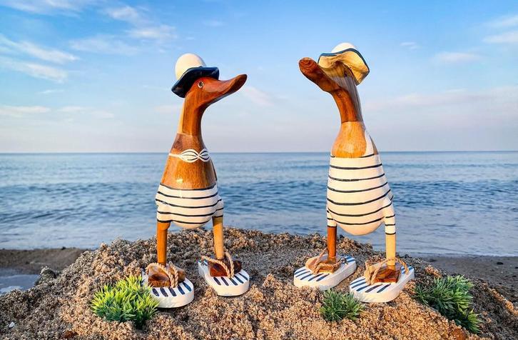 Hardloopeend  Onno met hoed en slippers in wit en grijs, Tuin en Terras, Bloempotten, Verzenden