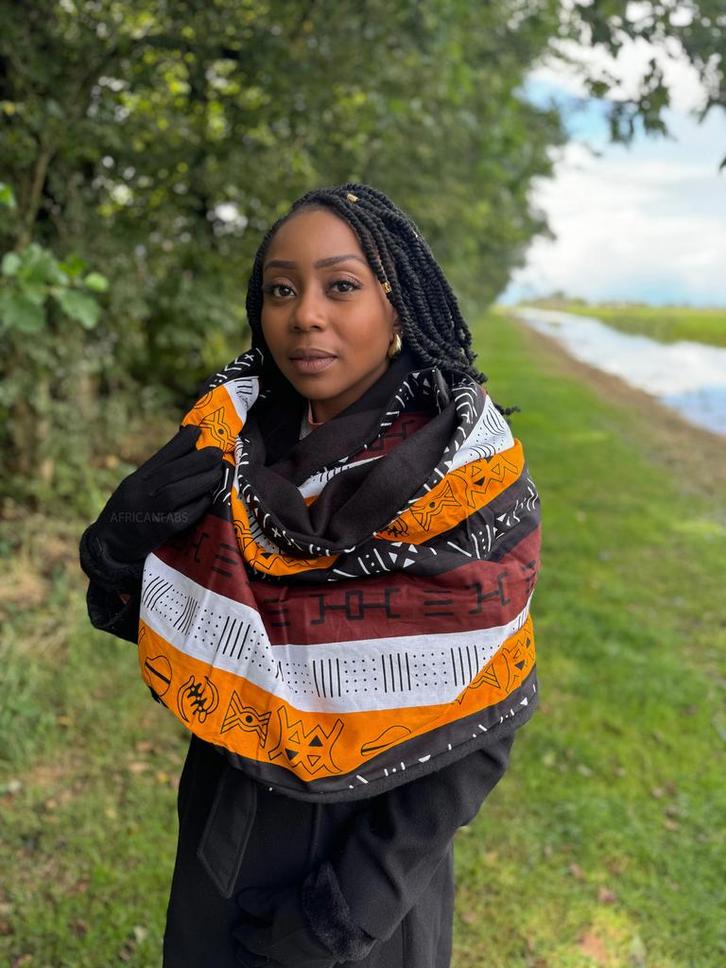 Warme Sjaal met Afrikaanse print Unisex - Donkerbruin / Geel, Kleding | Dames, Mutsen, Sjaals en Handschoenen, Nieuw, Ophalen of Verzenden