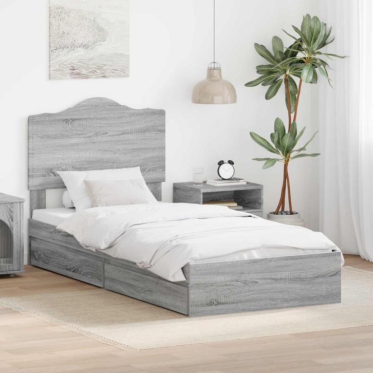 vidaXL Opslag bed met hoofdeinde Grijs Sonoma 90 x 200 cm, Huis en Inrichting, Slaapkamer | Bedden, Grijs, Nieuw, Hout, Verzenden