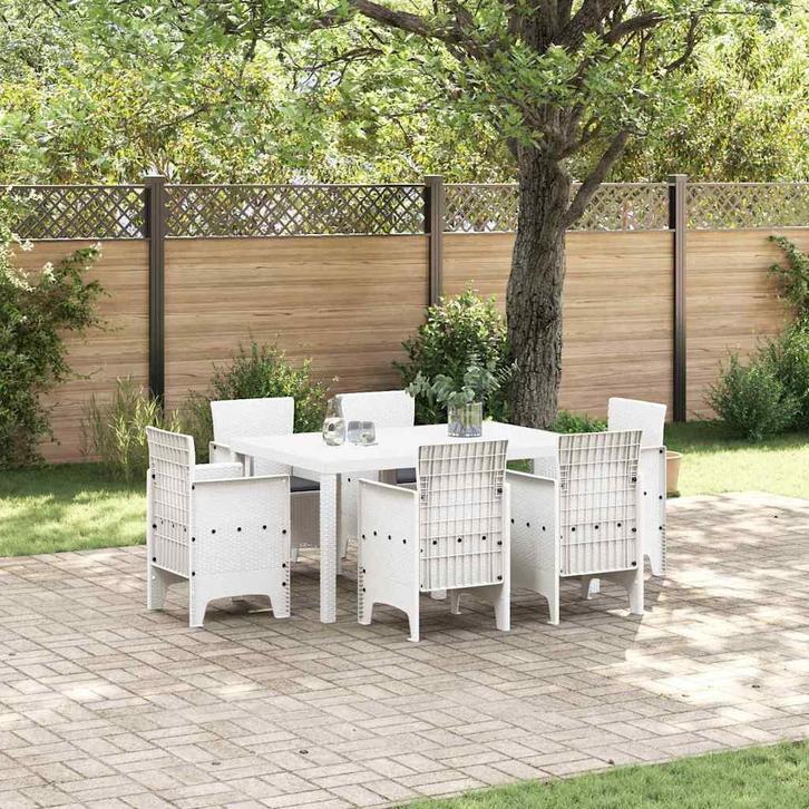 vidaXL Tuin Eetset 7 pcs Wit Polt riet, Tuin en Terras, Tuinsets en Loungesets, Nieuw, Verzenden