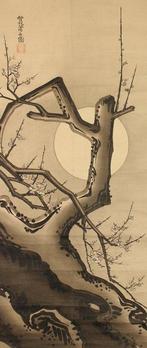 Very fine sumi-e painting of ume under moonlight, signed -