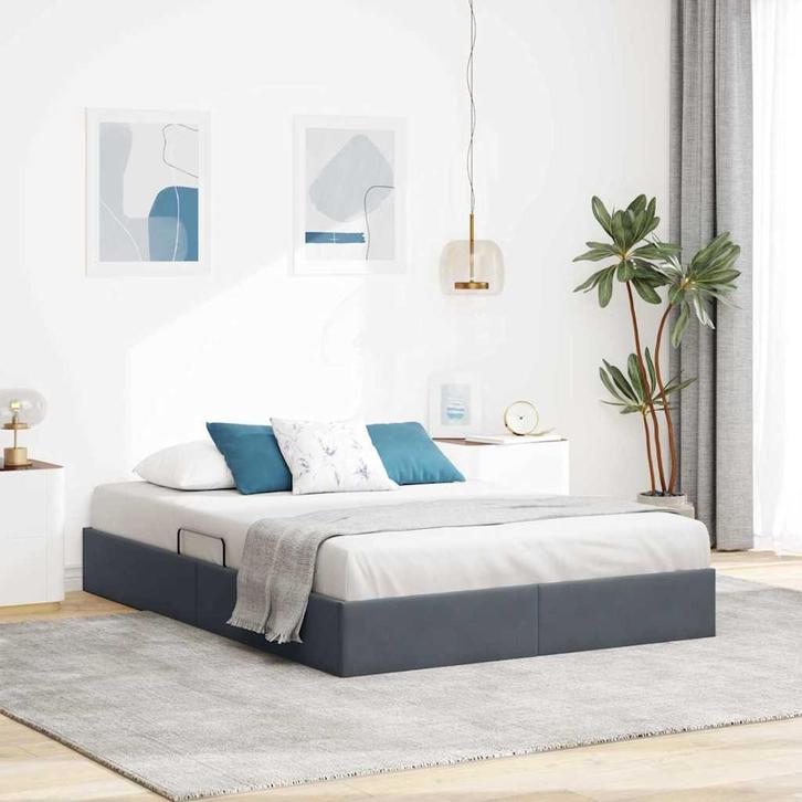 vidaXL Opslag bed met matras Donkergrijs 135 x 190 cm, Huis en Inrichting, Slaapkamer | Bedden, Grijs, Nieuw, Stof, Verzenden