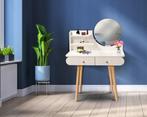 Moderne Witte Kaptafel met Ronde Spiegel en Opberglades -..., Huis en Inrichting, Tafels | Kaptafels, 100 tot 150 cm, Nieuw, Modern