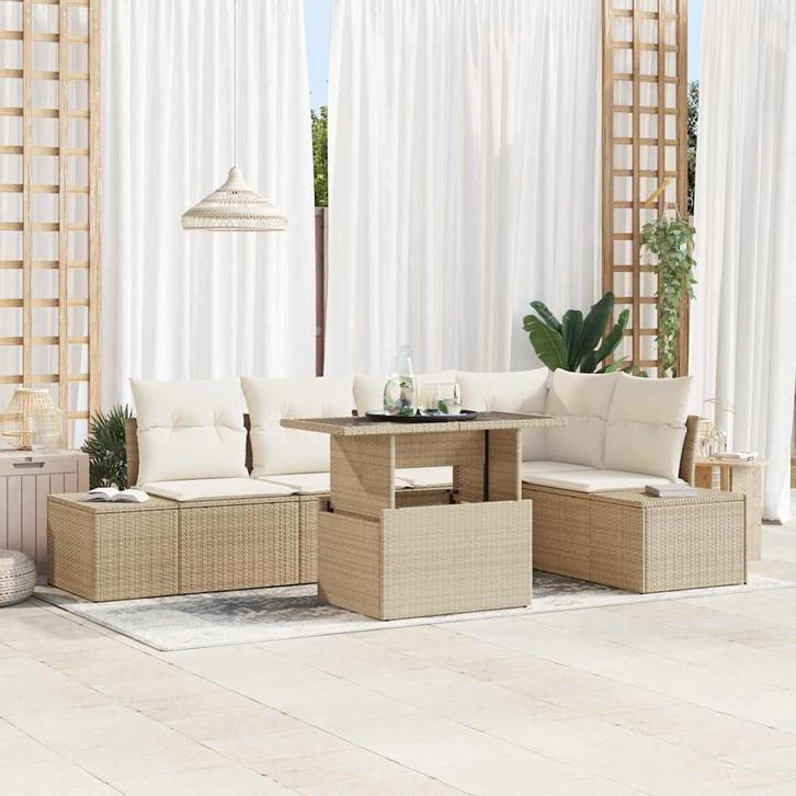 vidaXL Tuin Sofa Set met opslag 6 pcs Beige Poly riet, Tuin en Terras, Tuinsets en Loungesets, Nieuw, Rotan, Verzenden