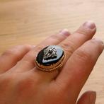 Victoriaanse goud met zilveren ring met onyx en diamant;..., Sieraden, Tassen en Uiterlijk, 18 tot 19, Gebruikt, Overige kleuren