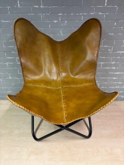 Voetenbank - Leer, Metaal - Vlinderstoel, Antiek en Kunst, Curiosa en Brocante