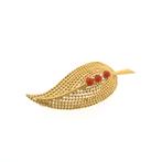 18 Krt. Gouden veer broche met bloedkoraal | Vintage, Gebruikt, Overige kleuren, Ophalen of Verzenden, Met edelsteen