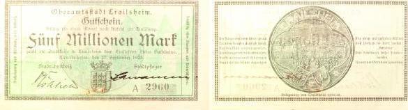 Duitsland 5 Millionen Mark Crailsheim 1923 Notgeld gebraucht, Postzegels en Munten, Munten | Nederland, Verzenden