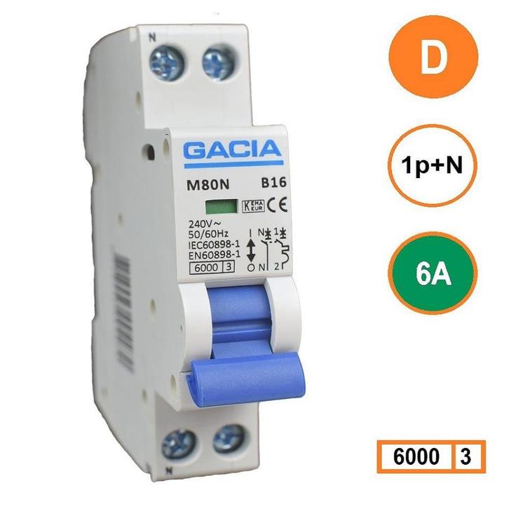 Gacia installatieautomaat 1P+N D6 6KA - M80N-D06, Doe-het-zelf en Verbouw, Elektra en Kabels, Nieuw, Ophalen of Verzenden