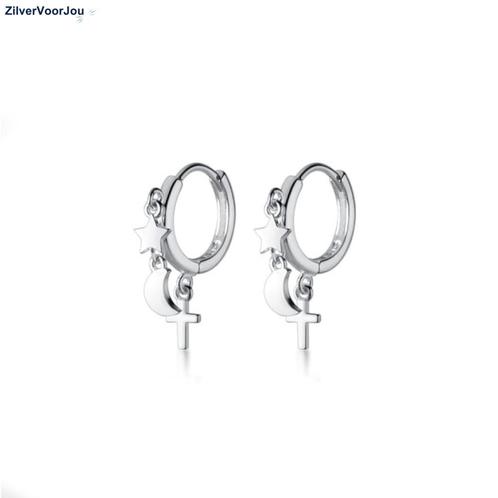 Zilveren huggie hoop met ster maan kruis bedeltjes, Sieraden, Tassen en Uiterlijk, Oorbellen, Nieuw, Verzenden