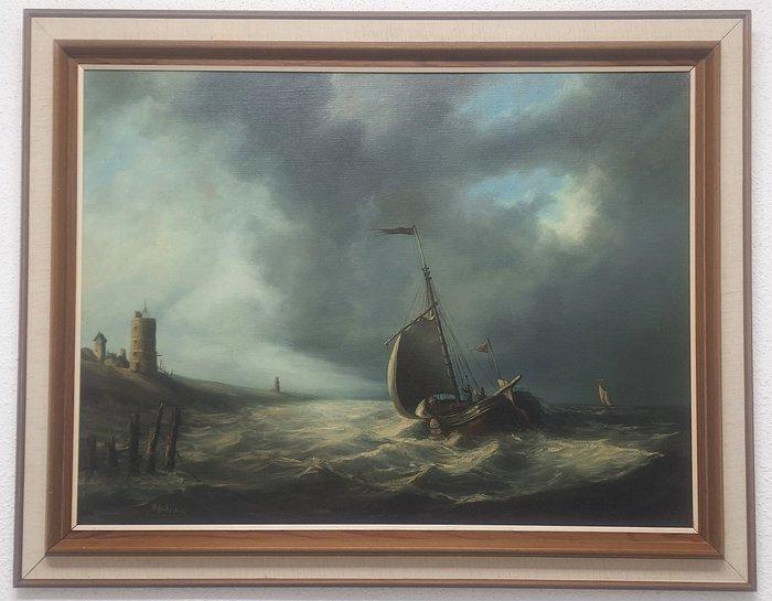 Peter Sterkenburg (1955-2000) - Vissersschip in zwaar weer, Antiek en Kunst, Kunst | Schilderijen | Klassiek