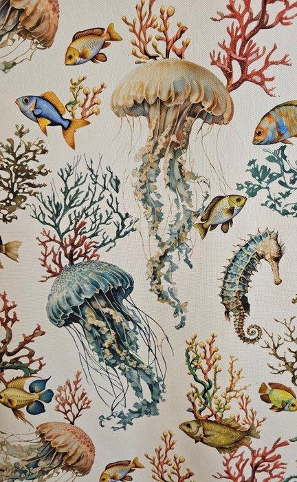 Mediteraans stof met koralen, kwallen en zeeanemonen -, Antiek en Kunst, Antiek | Kleden en Textiel