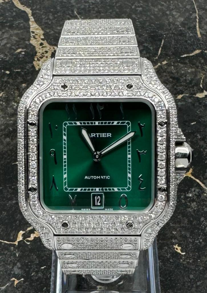 Cartier Santos - Green Dial - Arab - Iced Out - Diamonds, Sieraden, Tassen en Uiterlijk, Horloges | Heren, Staal, Nieuw, Staal