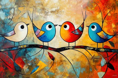 John Joseb schilderij vogels op een tak, abstract, kleurrijk, Huis en Inrichting, Woonaccessoires | Schilderijen, Tekeningen en Foto's