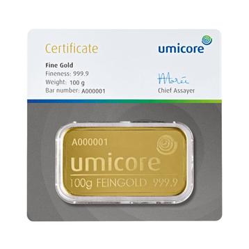 Umicore 100 gram goudbaar met certificaat beschikbaar voor biedingen