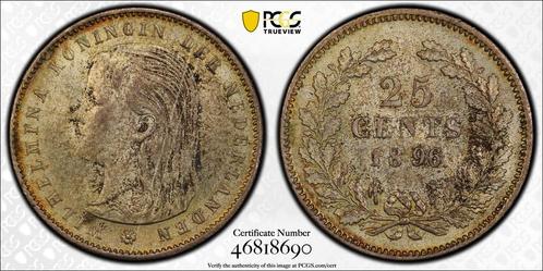 Koningin Wilhelmina 25 cent 1896 MS62 gecertificeerd PCGS, Postzegels en Munten, Munten | Nederland, Losse munt, 25 cent, Koningin Wilhelmina